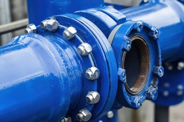 Commercial Piping. Blue Connections and Cables in Industrial Power Equipment