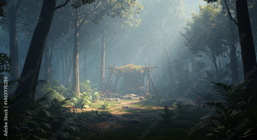 Poster lush pixelated forest scene with sunlight filtering through trees