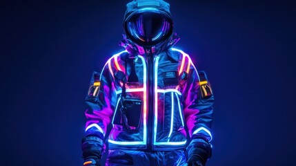 Futuristic astronaut in a glowing suit against a dark backdrop
