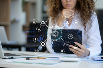 Digital transformation technology strategy, Person using laptop, tablet and smartphone with of things. transformation of ideas and the adoption.