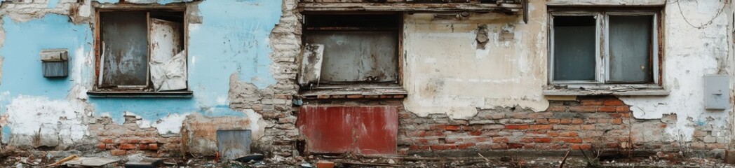 Weathered Building Exterior with Peeling Paint and Exposed Brick