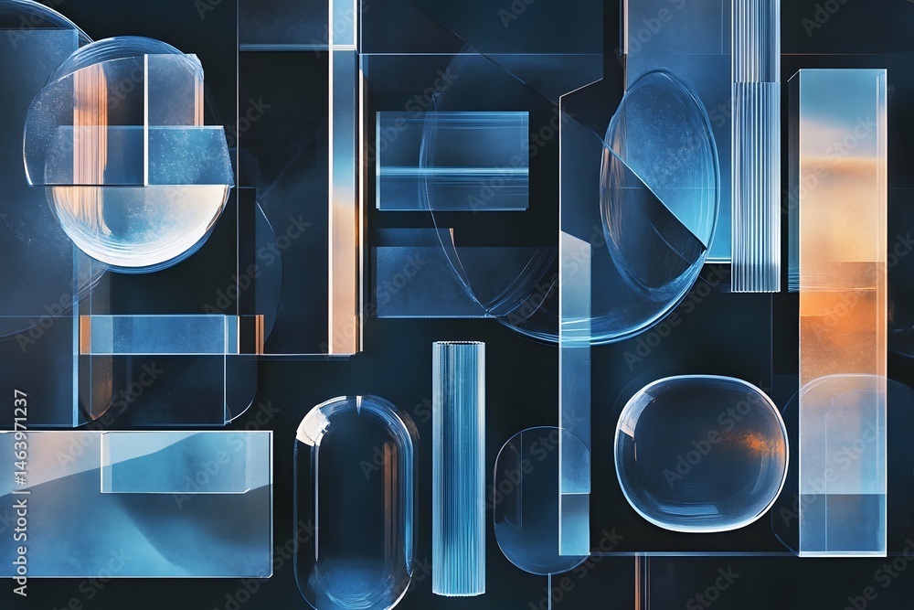 Poster abstract composition of geometric shapes with glass and transparent effect and color gradients