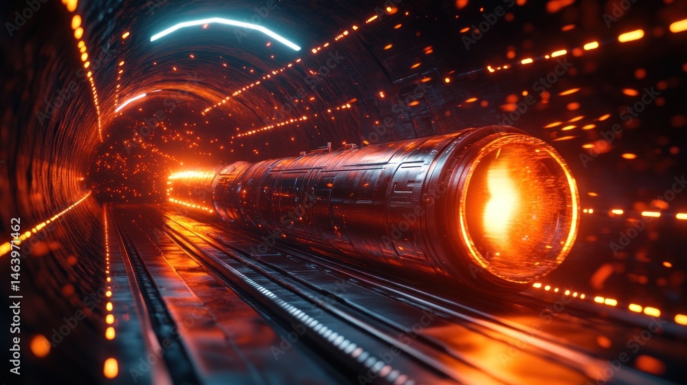 Poster futuristic hyperloop transportation system: a glowing journey through a technological tunnel