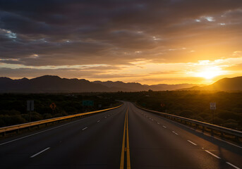 Naklejka premium Majestic Photo Highway Leads to Dramatic Golden Sunset Horizon