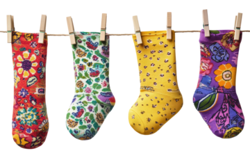 Isolated Four Colorful Socks Hanging on a Clothesline