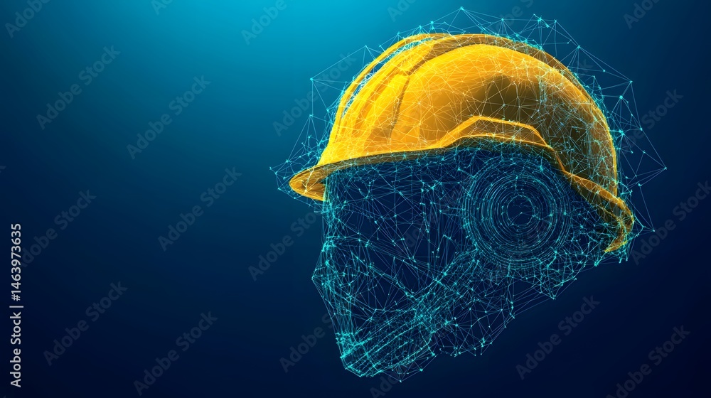 Poster digital rendering of a safety helmet with a connected structure.