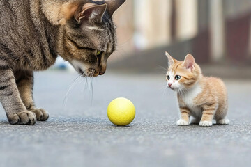Cat and dog share an energetic moment playing with a bright yellow ball in a sunlit outdoor area