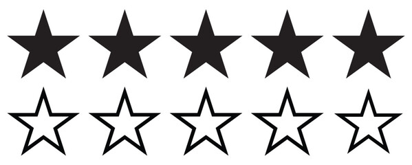 Five stars customer product review icon set, featuring Black 5-star rating flat icons for apps and websites. Represents quality, customer rating, and feedback in transparent  vector format.