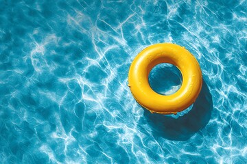 Yellow Inflatable Ring Floating in a Vibrant Blue Swimming Pool