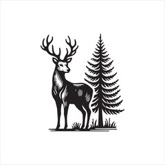 A high-contrast black and white silhouette of a deer standing motionless in profile, captured in a flat vector art style.