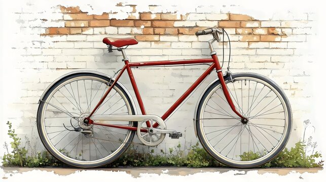A red bicycle is leaning against a brick wall
