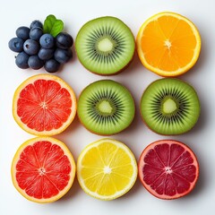 Obraz premium An array of colorful citrus and other sliced fruit including blueberries, kiwi, orange, lemon, and grapefruit is displayed on a clean white background.