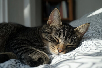 Cozy cat napping in a warm sunbeam on a soft bed during a peaceful afternoon