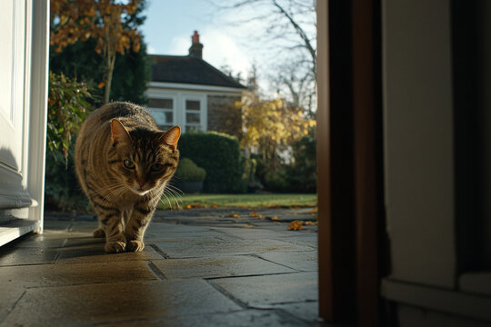 Cat displays fear with arched back and puffed-up tail in garden during sunny afternoon