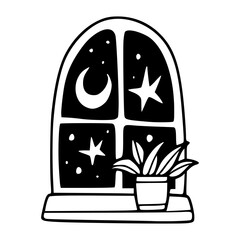 cozy night scene window with plant illustration