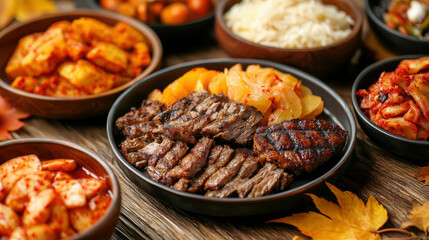 Obraz premium Delicious and Colorful Array of Grilled Meats and Sides on Rustic Tabletop Display