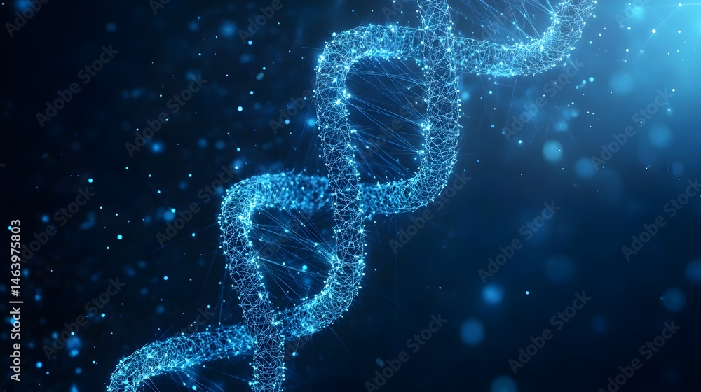 Poster abstract representation of a dna double helix in a deep blue background.