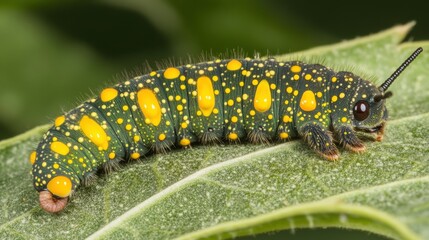 Close-up of a vibrant, speckled caterpillar on a leaf.