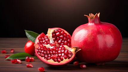 Ripe Whole and Opened Pomegranate with Juicy Red Arils and Leaves on Rustic Wood