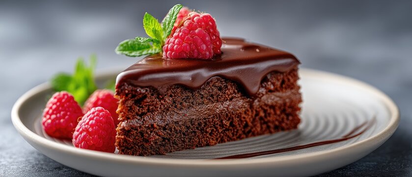 A slice of chocolate cake topped with glossy chocolate glaze, fresh raspberries, and mint leaves on a plate.