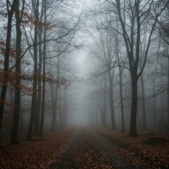 Misty Autumn Forest Path with Bare Trees and Brown Leaves Landscape