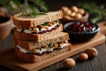 Gourmet Walnut, Cream Cheese, and Cranberry Sandwiches: Rustic Autumnal Still Life