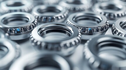 Obraz premium Shiny chrome metal rings are arranged close together in this macro photo. It can represent industry, manufacturing, engineering, or construction themes.