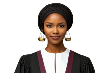 African woman lawyer wearing Scales of Justice earrings, cut out transparent