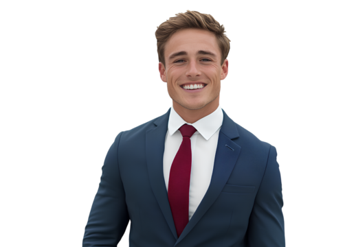 young, smiling businessman in a suit, isolated against a transparent background, in a PNG file with a white, transparent background