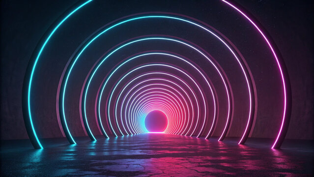 Neon lights tunnel background with glowing circles and reflections for futuristic design 3d rendering