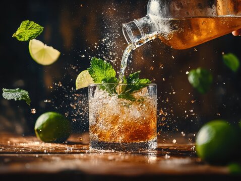 Bartender pouring a refreshing tequila cocktail with fresh mint and lime in a lively bar setting