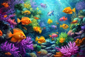 Obraz premium Underwater scene depicting a vibrant coral reef with colorful exotic fish swimming around