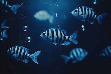 Underwater scene of striped fish swimming amongst bubbles in deep blue waters