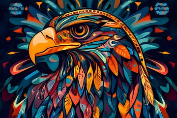 Fototapeta premium Vibrant artistic eagle head portrait with abstract geometric shapes and colorful design