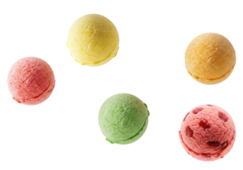 Colorful ice cream scoops, fruit ice cream balls flying on isolated background