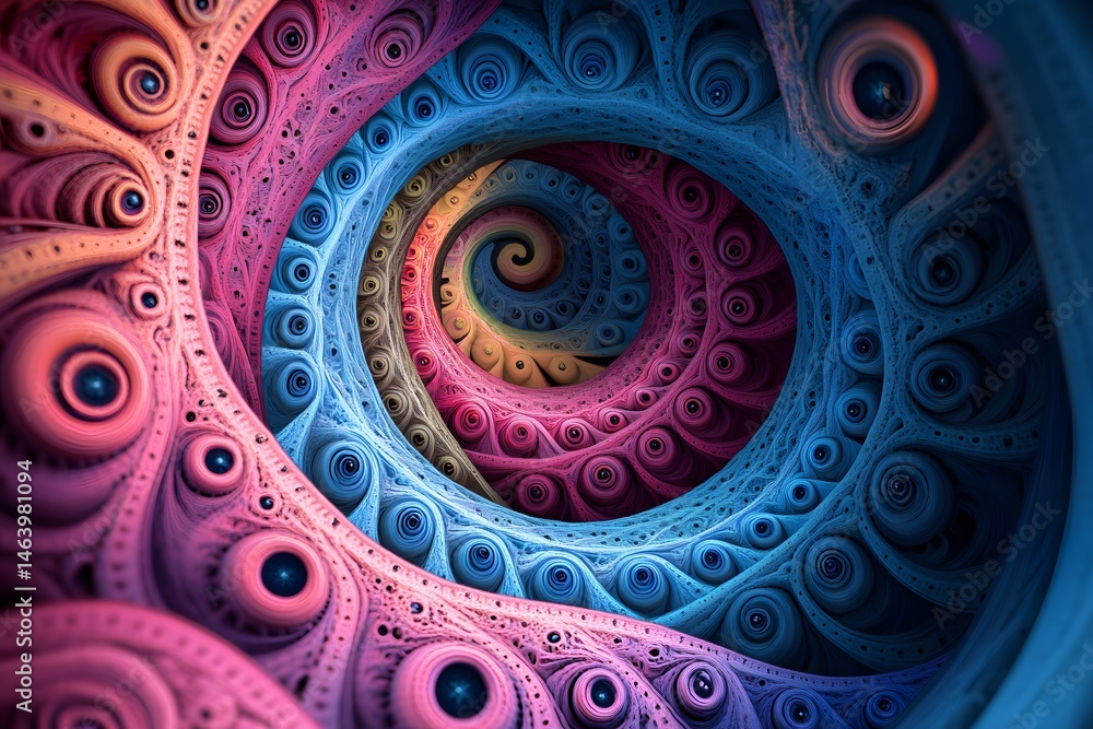 Poster vibrant fractal spiral of colorful shades suggesting artistic complexity and geometric patterns