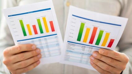 A person holds two printed graphs displaying various colored bar charts representing data analysis.