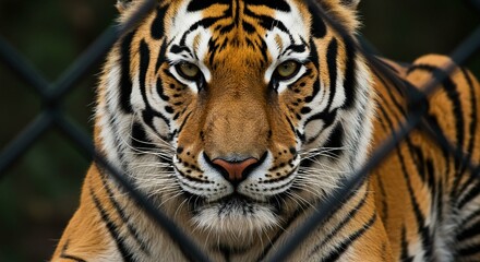 Fototapeta premium Majestic Tiger Close Up Behind a Fence Captive Wildlife Portrait Endangered Species