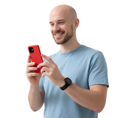 Man smiling using smartphone mobile phone app technology communication device  isolated on transparent background, no background