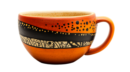 Painted Ceramic Mug with Earth Tones and Tribal Markings, cut out transparent