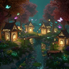 Fototapeta premium Enchanted Village at Night: Fantasy River Scene