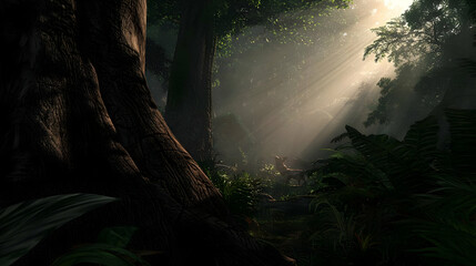 Fototapeta premium Sunlight Filtering Through Lush Forest