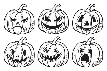 61 Halloween pumpkins, jack-o'-lanterns, hand-drawn sketch, pencil illustration, black and white, expressive faces, varied emotions, spooky, cute, detailed shading, realistic textures, array of six pu