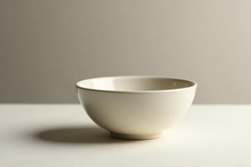 A simple, elegant off-white ceramic bowl rests on a pristine white surface, bathed in soft, diffused light, creating a minimalist and serene scene.