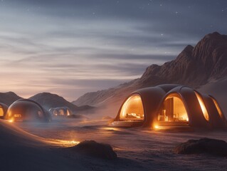 Community gathering of Mars settlers sharing experiences and knowledge under the night sky