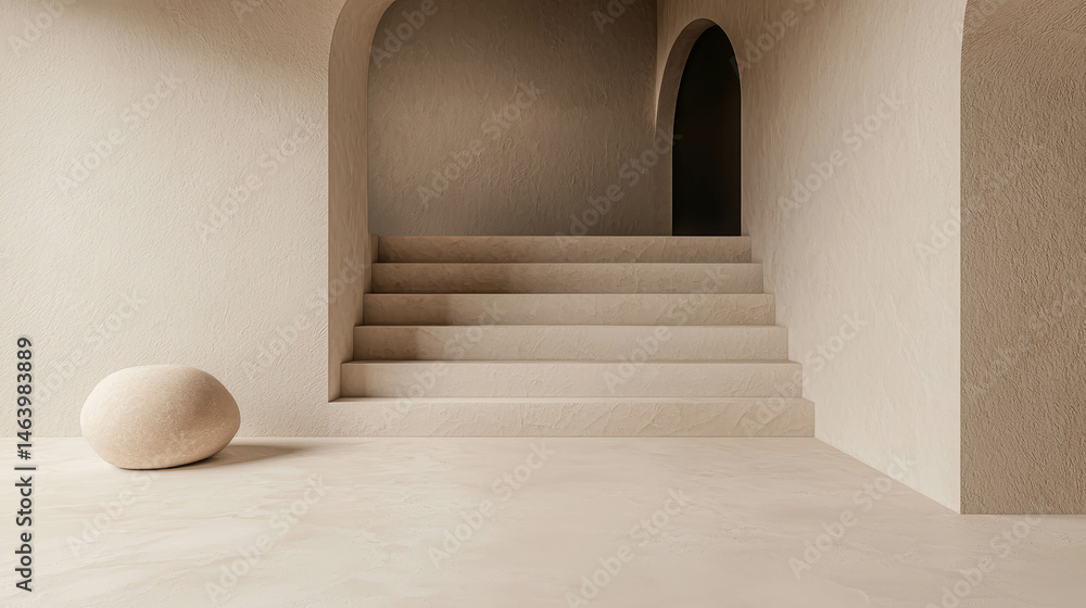 Poster minimalist interior design with soft tones and textured surfaces in modern architecture
