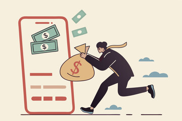 Cartoon Businessman Running With Money Bag From Mobile App Investment Concept