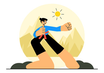 Martial Arts Vector Illustration with an Athlete Performing a High Kick Exercise, Practicing Karate, or Demonstrating Fighting Poses in a Background