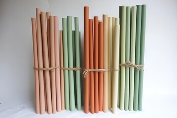 Obraz premium Assorted pastel-toned cylindrical craft sticks bundled together A variety of colors, including peach, sage green, terracotta, and cream, are displayed Jute twine ties the groups of sticks