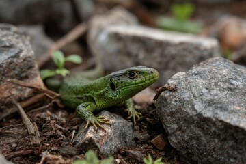 Fototapeta premium Green Lizard on Rocks: A Naturalistic Close-Up